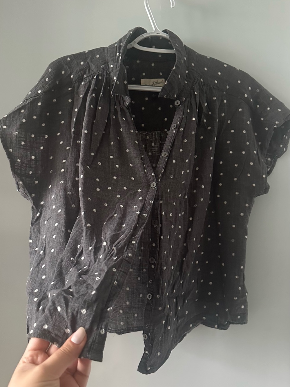 Women’s Short-Sleeve Button-Down Top with White Polka Dots